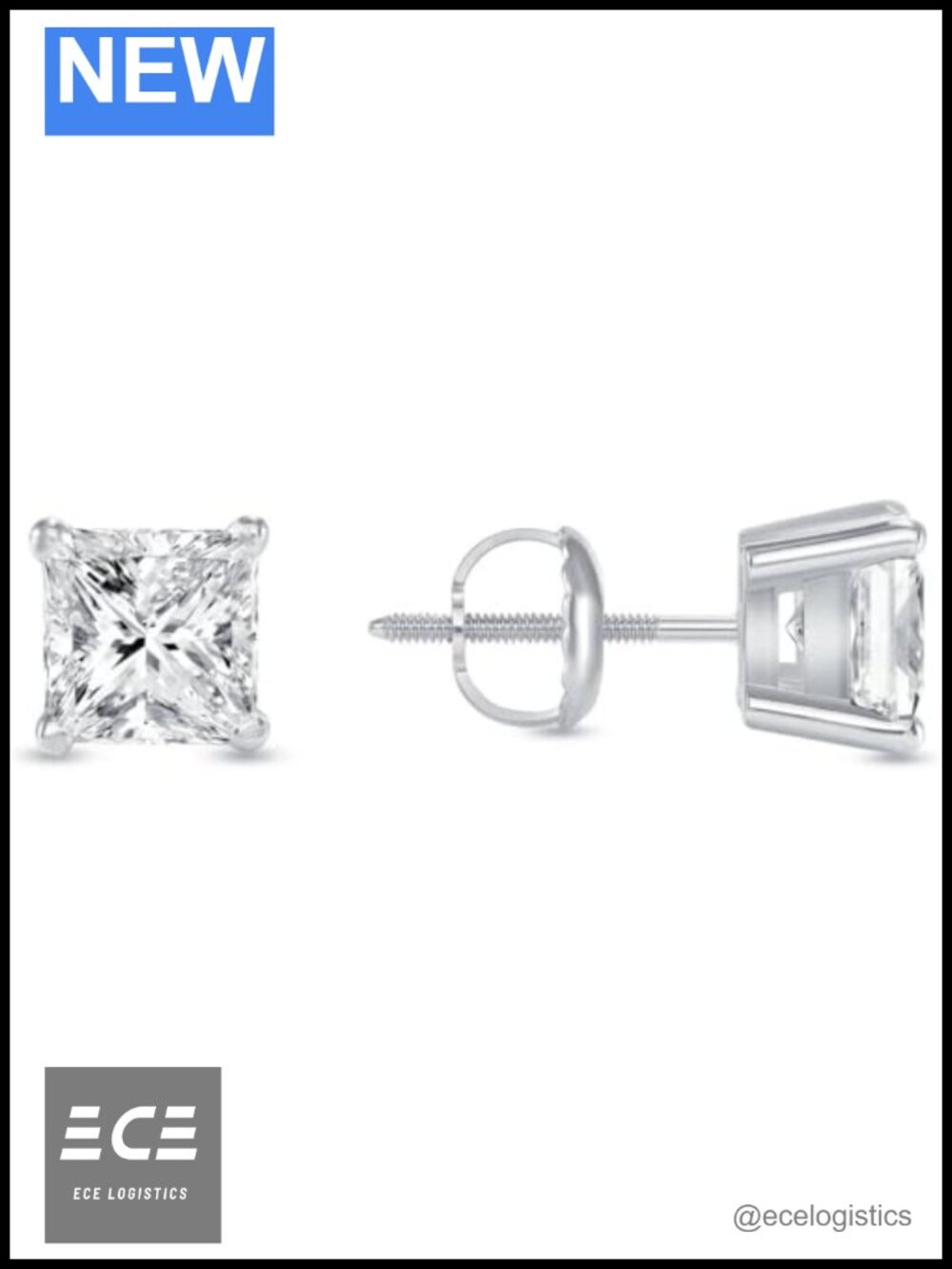 1 Ct Princess Cut Moissanite Stud Earrings 925 Silver 14K White Gold Plated